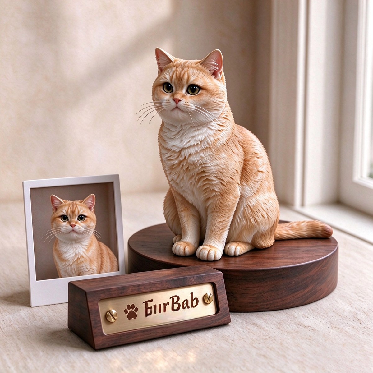 Example build: hand-painted resin figurine of a ginger British Shorthair cat on a walnut base with an engraved FurBab brass nameplate, beside the photo it was built from