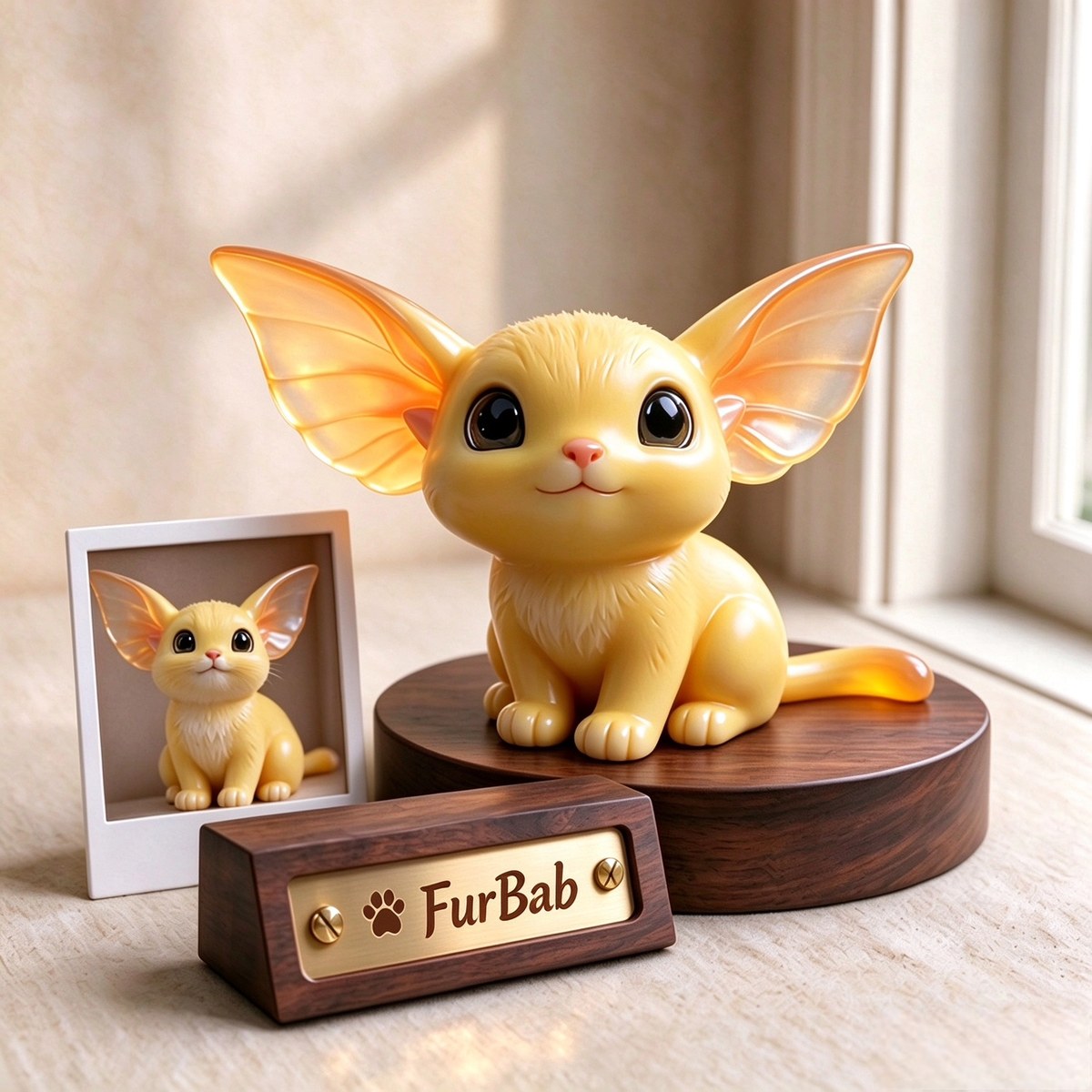 Example build: figurine of a custom fantasy creature on a walnut base with an engraved FurBab brass nameplate, beside the reference image