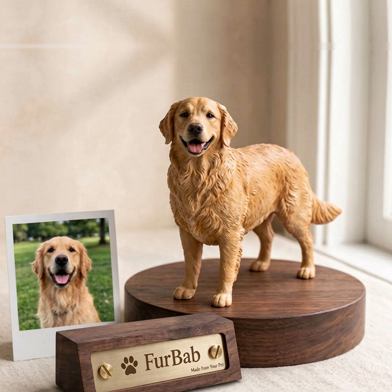Example build: hand-painted resin figurine of a Golden Retriever on a walnut base with an engraved FurBab brass nameplate, standing beside the photo it was built from
