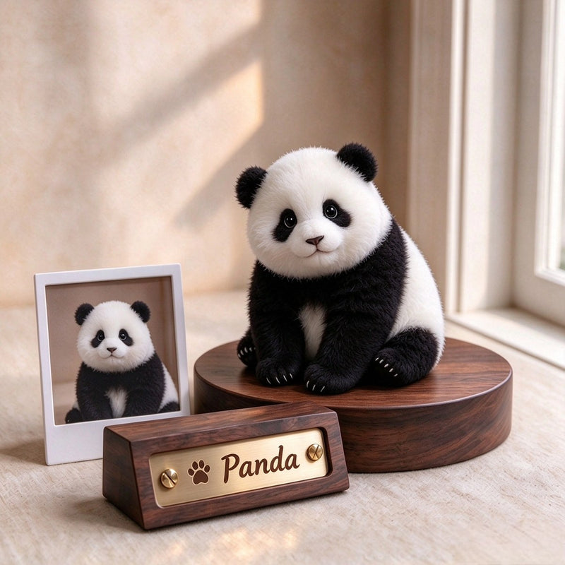 Example build: figurine of a giant panda on a walnut base with an engraved brass nameplate, beside the reference photo