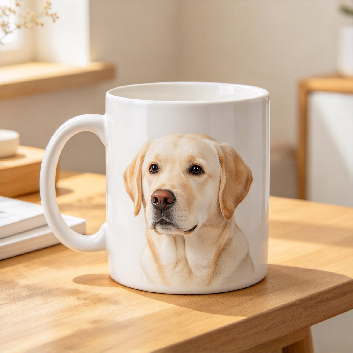 Custom pet mug — cream ceramic mug printed with a portrait of a cream Labrador Retriever
