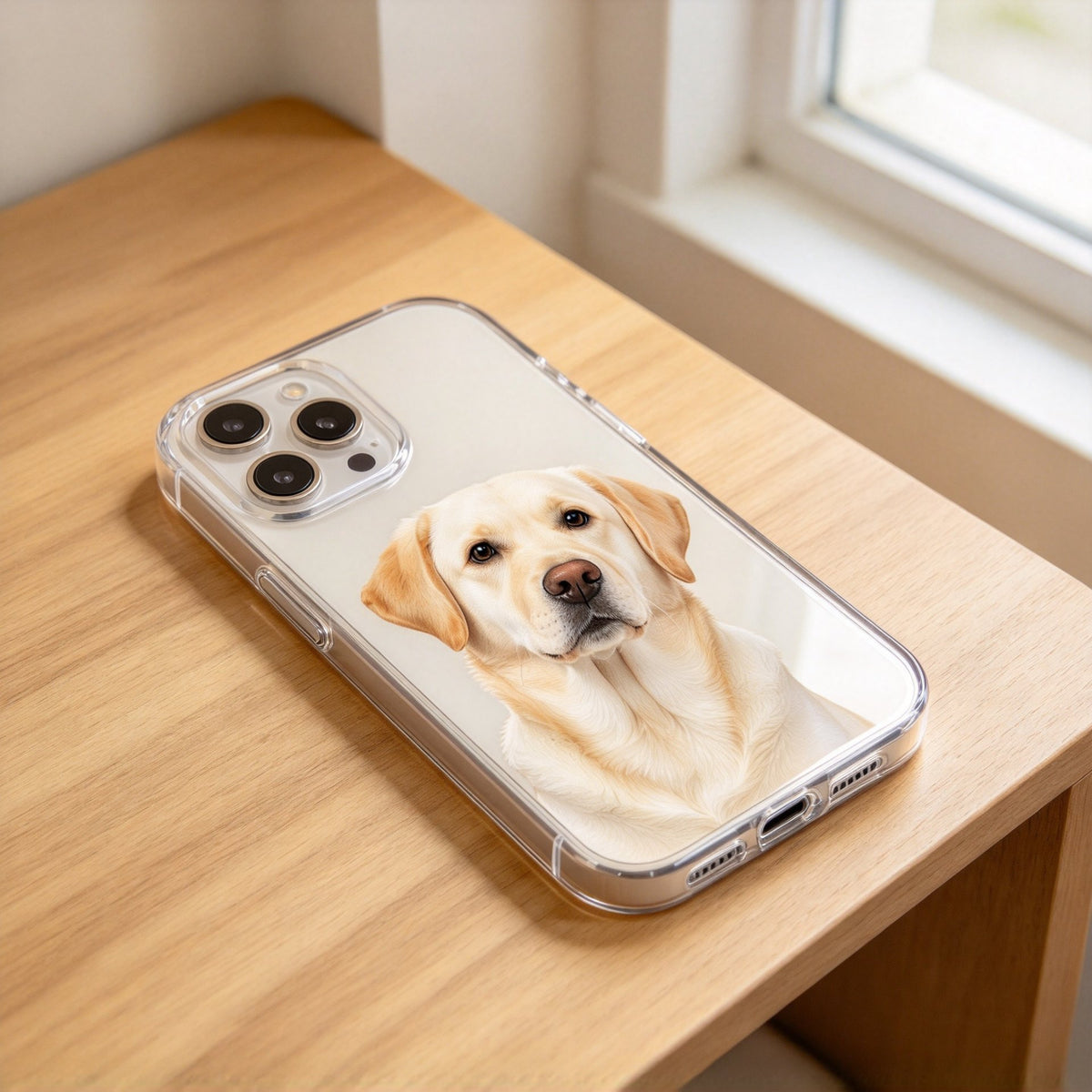 Custom pet phone case — beige case printed with a portrait of a cream Labrador Retriever