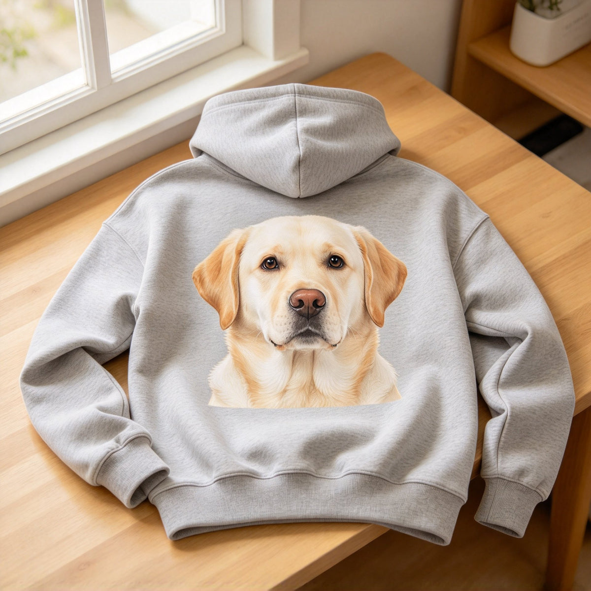 Custom pet sweatshirt — grey hoodie printed with a portrait of a cream Labrador Retriever