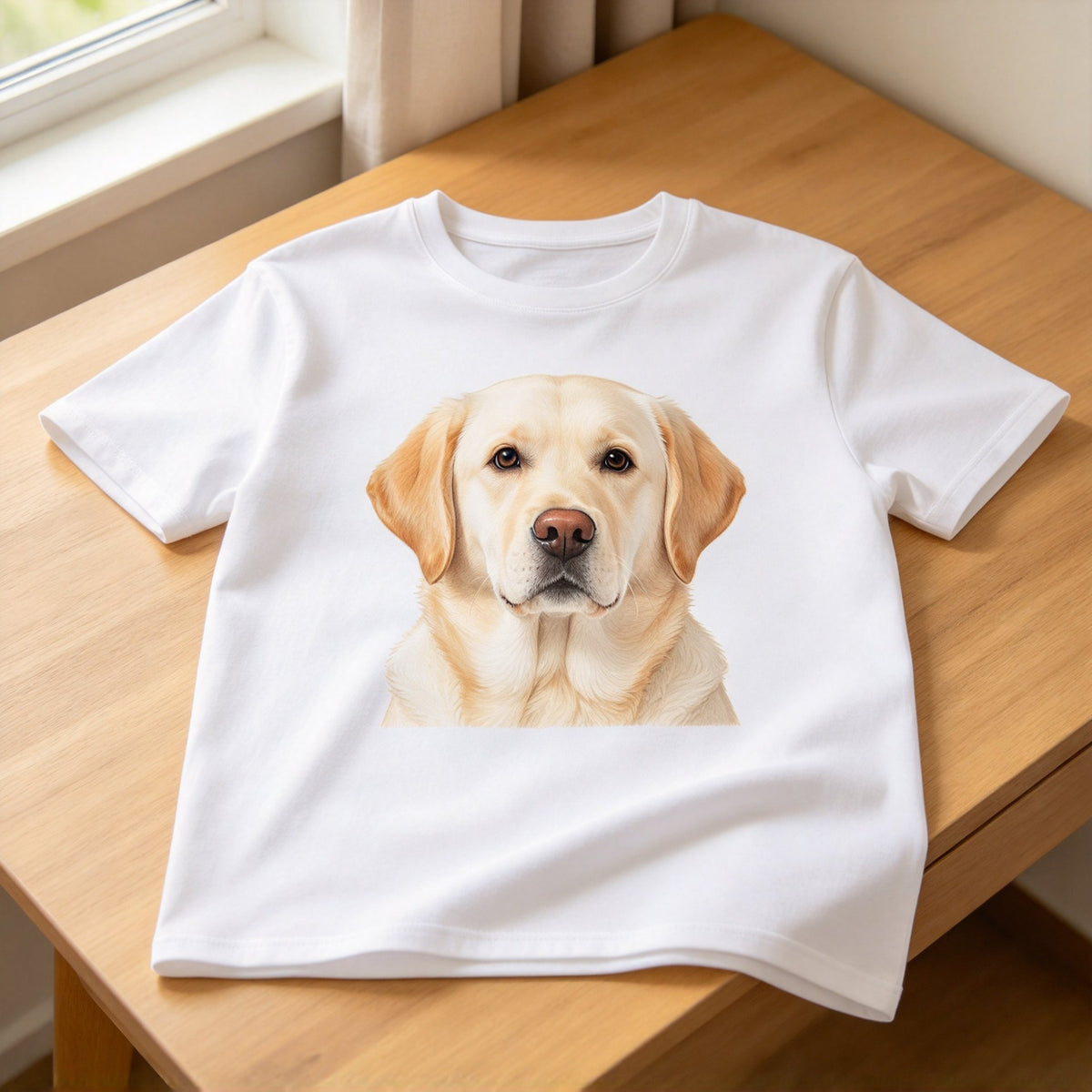 Custom pet t-shirt — white cotton tee printed with a portrait of a cream Labrador Retriever