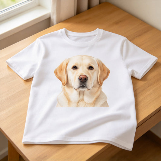 Custom pet t-shirt — white cotton tee printed with a portrait of a cream Labrador Retriever