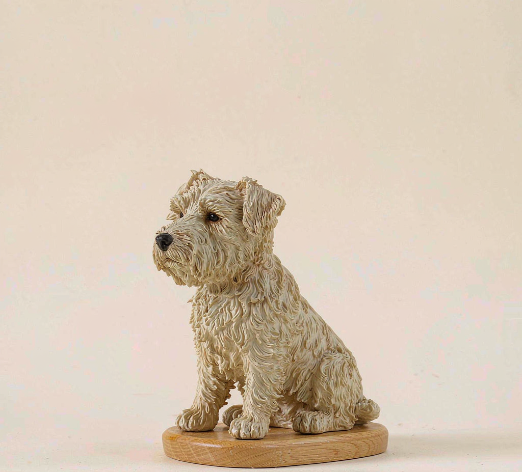 Custom pet figurine — hand-painted resin sculpture of a dog on a wooden base