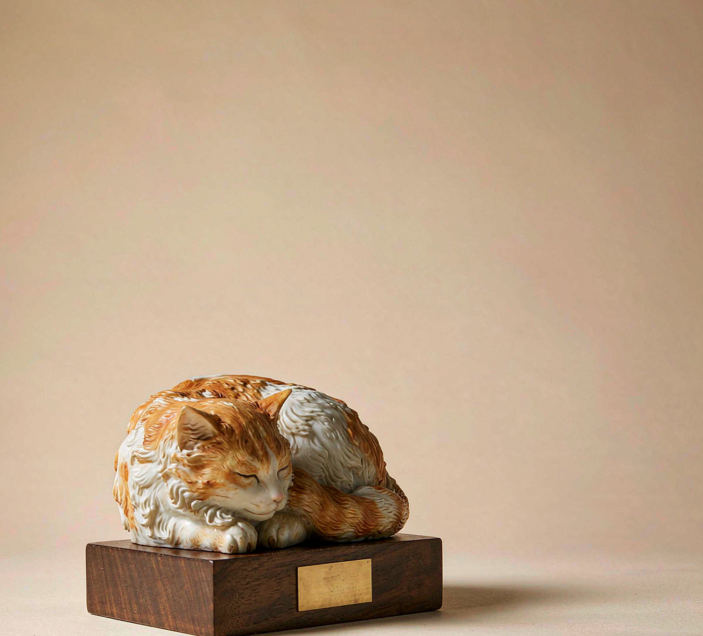 Pet memorial figurine — hand-painted resin sculpture on a walnut base