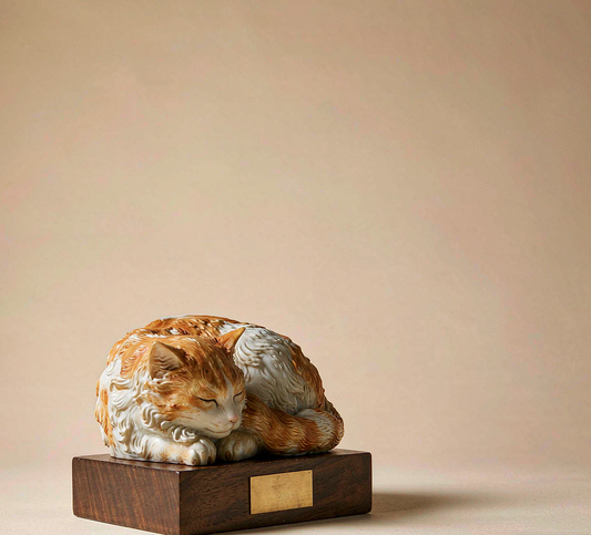 Pet memorial figurine — hand-painted resin sculpture on a walnut base